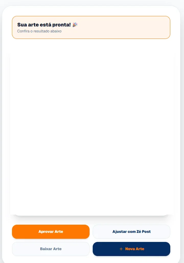 Tela do Zé Post com o carrossel pronto e os botões para aprovar, ajustar ou baixar a arte