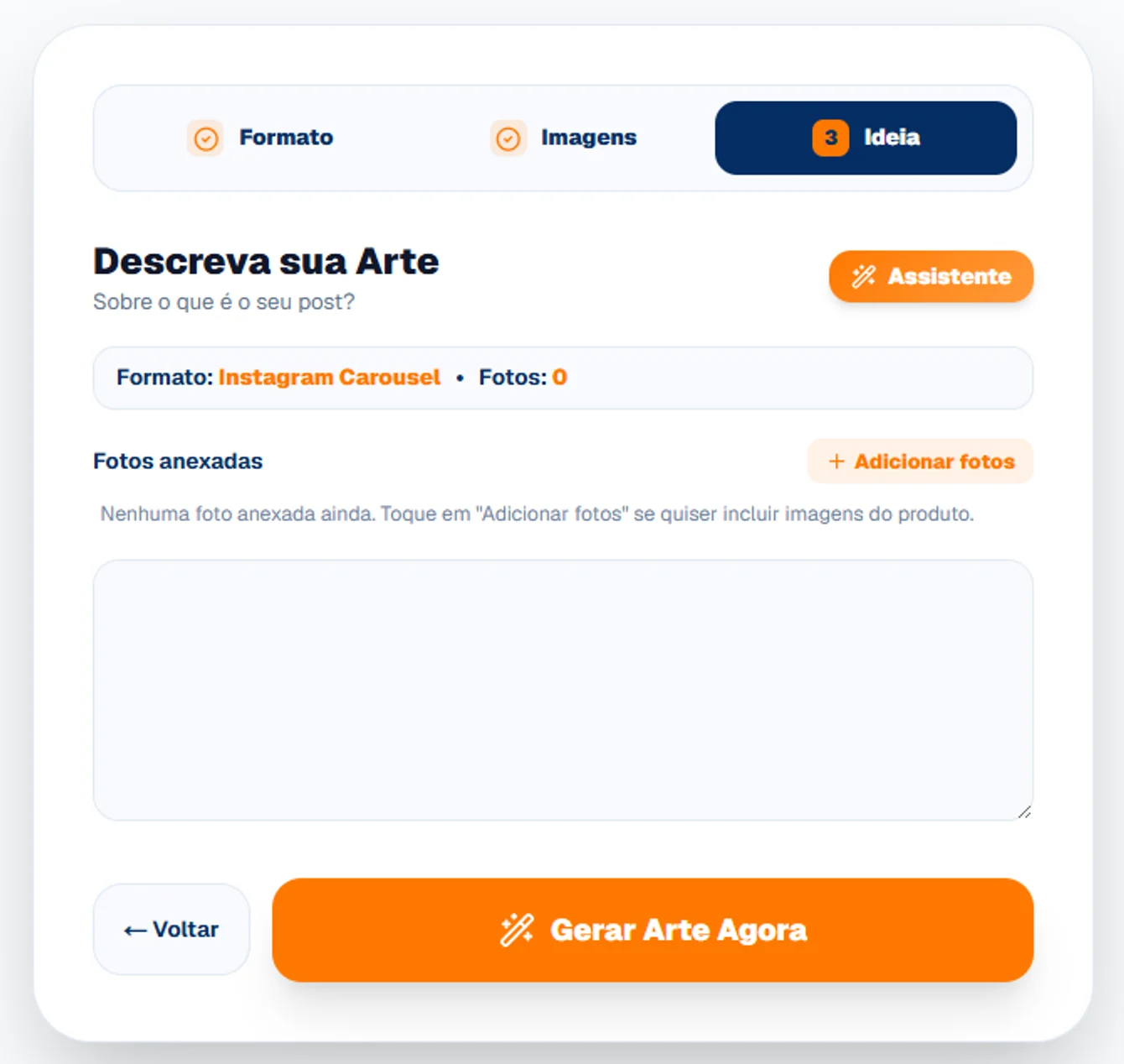 Tela do Zé Post onde a empresa escreve o pedido: "Crie um carrossel com 5 dicas para vender mais pelo Instagram" e toca em Gerar Arte Agora